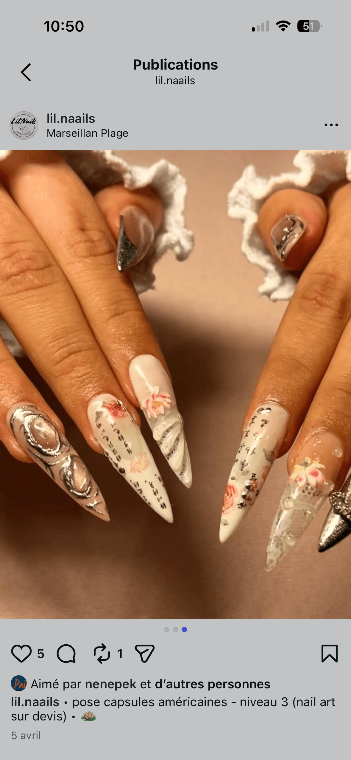 Capsules américaines deux mains nail art fleurs et calligraphie